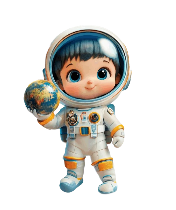Galaxy Infant School astronaut mascot holding a tiny planet