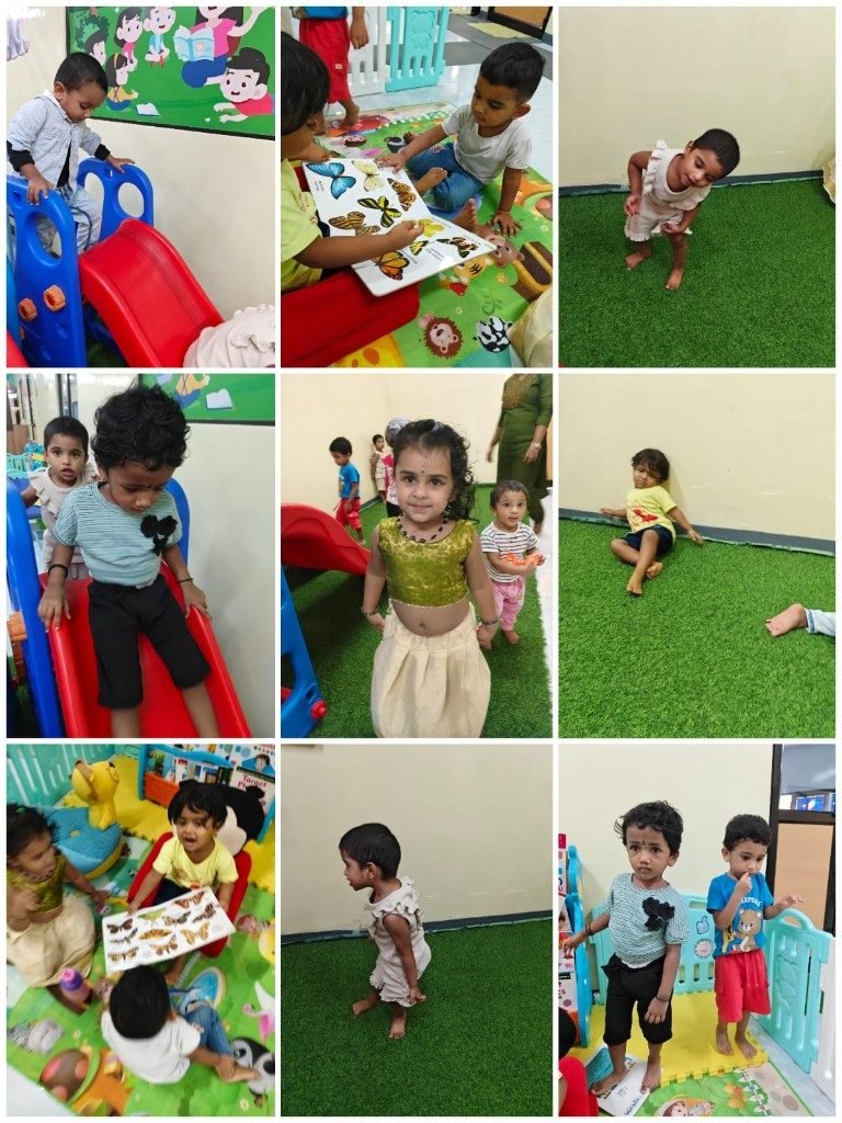 Tiny Explorers toddlers playing, reading, and sliding in the Galaxy playroom