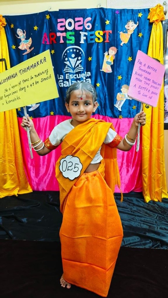 UKG student as Saalumarada Thimmakka at Arts Fest 2026 with plant more trees message
